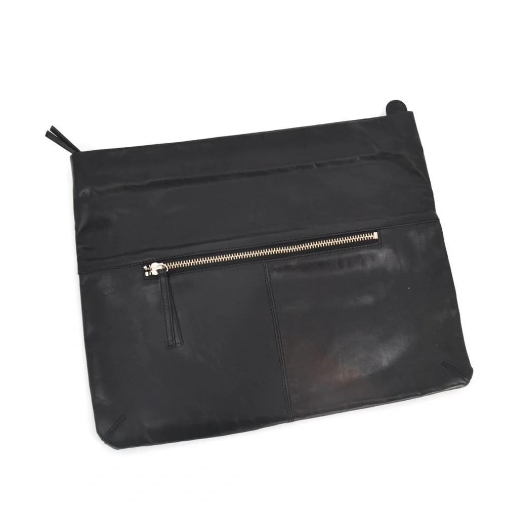 Club Monaco Leather Envelope Folded Clutch Top Zip Black